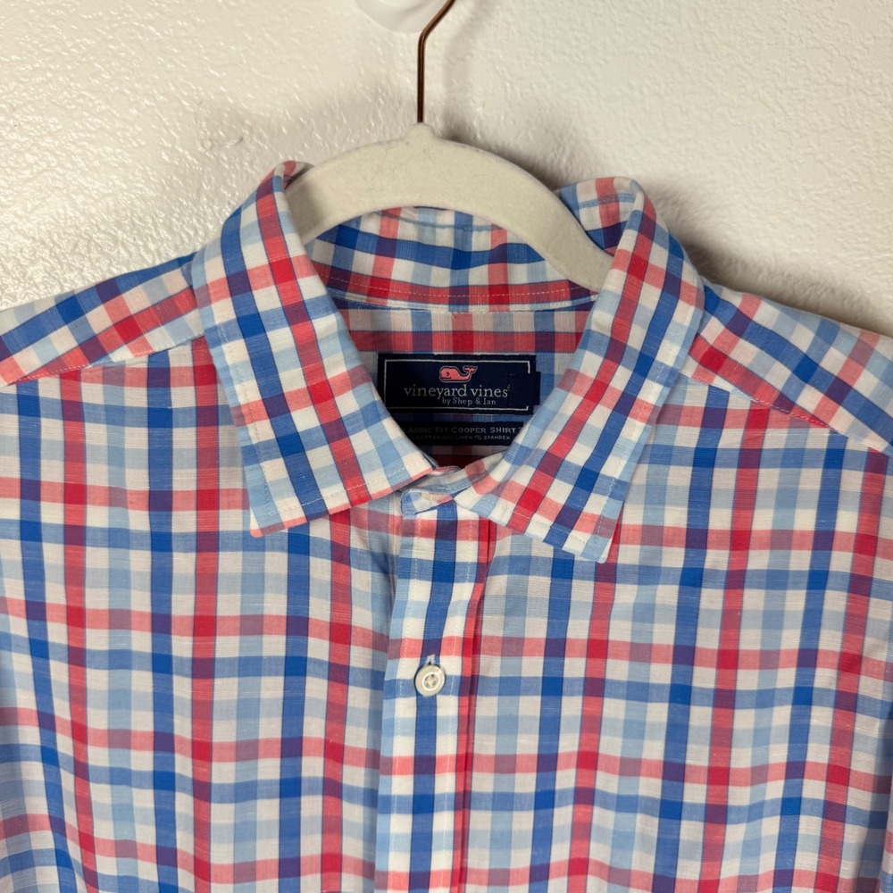 Vineyard Vines Classic Fit Cooper Shirt L Blue Red Plaid 1W010421 Linen Blend